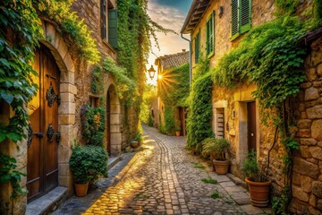  Sunlit cobblestone pathway meandering through a charming village, nestled amongst aged stone buildings draped in vibrant green foliage, bathed in the warm glow of sunset.