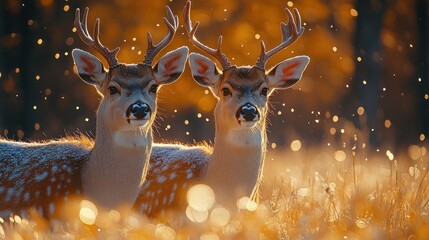 Poster - Two deer in autumnal field, backlit by golden sunlight, bokeh effect.