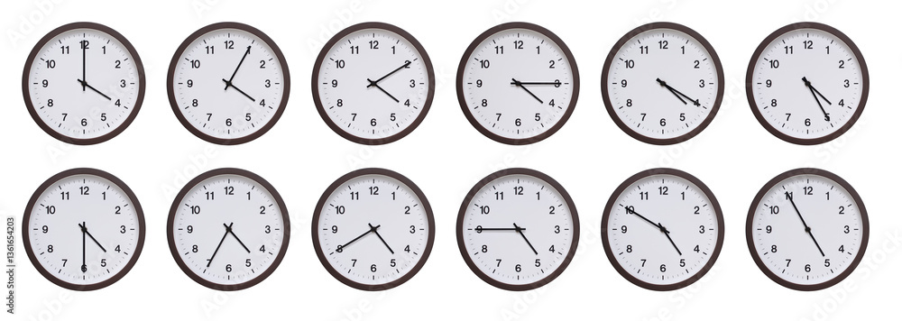 Sequence of dark brown wooden wall clocks showing time progression from ...