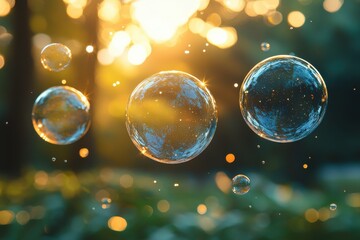 Poster - Bubbles floating in a sunlit forest during golden hour create a magical and serene atmosphere