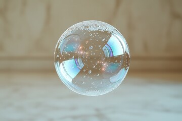 Poster - Floating soap bubble capturing light in an indoor space with a blurred background