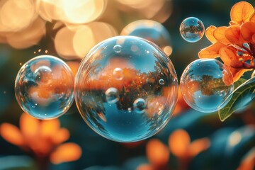 Aufkleber - Bubbles floating gracefully amidst vibrant flowers in a serene garden during golden hour