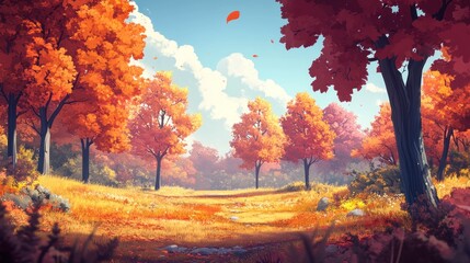 Poster - Vibrant autumn landscape with colorful trees and falling leaves on a sunny day.