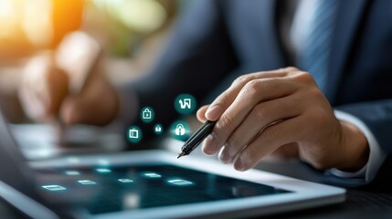 Wall Mural - Businessman s hands using digital tablet with technology interface and applications at modern office workspace  Concept of digital innovation online communication and corporate digital transformation
