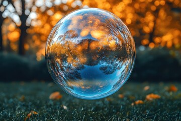 Aufkleber - Captivating soap bubble floating above vibrant autumn grass amidst colorful foliage in a serene park setting