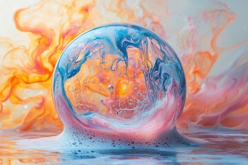 Fototapete - Beautiful bubble surrounded by colorful swirls and foam in a tranquil setting with vibrant hues and artistic details