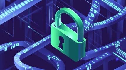 digital lock in abstract binary code background, security concept