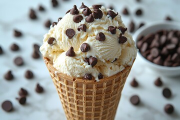 Aufkleber - Delicious ice cream cone topped with chocolate chips enjoyed on a warm day in a cozy setting