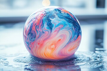 Fototapete - Colorful marble orb resting on a reflective surface with swirling patterns