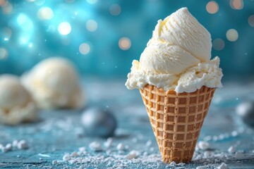 Aufkleber - Creamy vanilla ice cream in a waffle cone with soft focus background and festive decorations