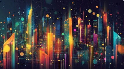 Aufkleber - Vibrant, stylized cityscape at night with colorful lights and bokeh effect.