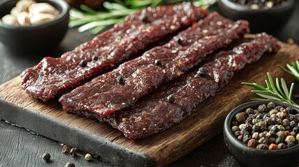 A wooden cutting board with various meat cuts displayed beautifully isolated on a white background for culinary use