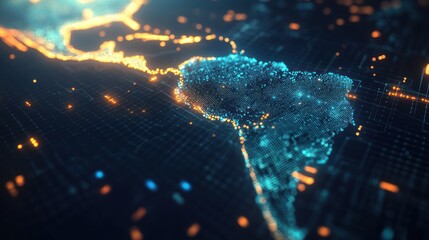 South America digital map, glowing lights, network background. Possible use stock photo for education, geography, technology