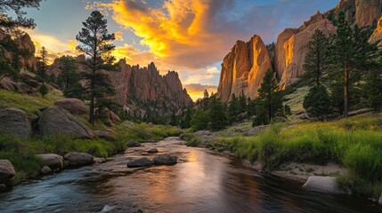 Poster - Vibrant sunset illuminates a serene river flowing through a majestic mountain canyon, reflecting the fiery sky.
