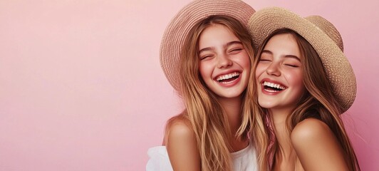two young beautiful girls hugging, laughing and smiling against a flat pastel pink background. happy