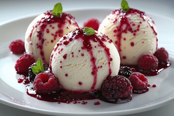 Aufkleber - Delicious ice cream dessert topped with berry sauce and fresh mint served on a white plate