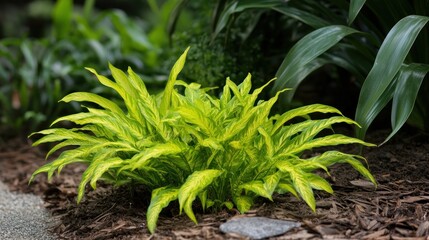 Poster - Vibrant yellow and green foliage of a flowering plant thrives in a garden bed with mulch.
