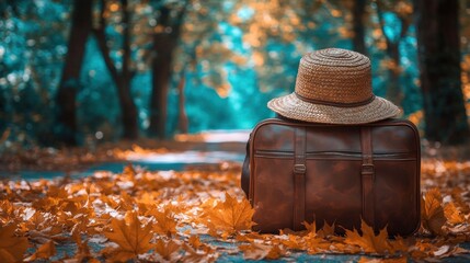Poster - Vintage suitcase and straw hat rest on autumn leaves-covered path in park.