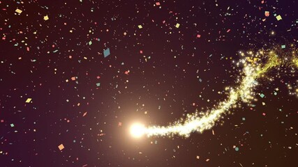Wall Mural - colorful confetti and glittering light trail on dark background animation