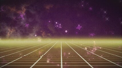 Wall Mural - Glowing purple stars in cosmic background with retro grid landscape animation
