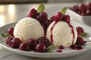 Poster - Creamy vanilla ice cream topped with fresh raspberries and rich berry sauce on a white plate