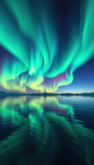 Wall Mural - Vibrant green-blue aurora borealis reflected in calm northern sea, cosmic nebula backdrop, Arctic, energy, peaceful