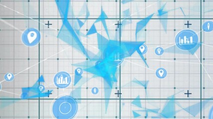 Wall Mural - animation of blue geometric shapes with data icons on grid background