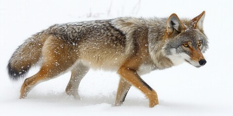Naklejka na meble Coyote strides through a snowy landscape. Its warm fur contrasts beautifully against the stark white background, capturing a moment of wild beauty
