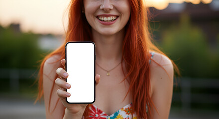 Happy young woman holding blank phone screen, smart, hand, mobile, empty, model, with copy space for the app