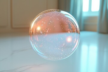 Aufkleber - Floating soap bubble reflecting soft light in a bright room with calming colors and textures