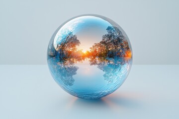 Aufkleber - Beautiful glass sphere reflecting a serene sunset over a tranquil lake surrounded by trees