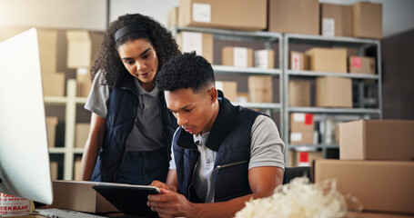 Aufkleber - Logistics, people and business with tablet for discussion, checking stock and inventory research. Team, employee and supply chain manager with tech to monitor distribution, order or website in office