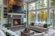 © JIALU - Cozy living room with comfortable seating, built-in shelves, green and white accessories, stone fireplace, and inviting atmosphere for relaxation.