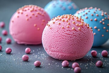 Poster - Colorful desserts with pink and blue spheres topped with sprinkles on a dark background
