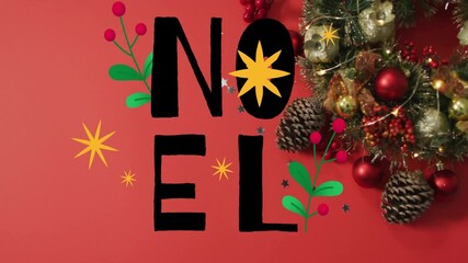 Wall Mural - noel text with festive christmas decorations on red background, creating animation