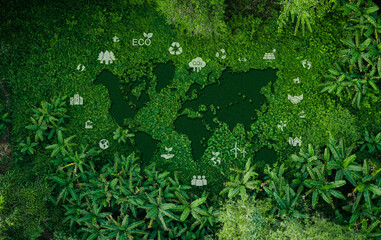 Fototapete - Earth Day and Environment Concept, World Map and Environment and Nature Icons