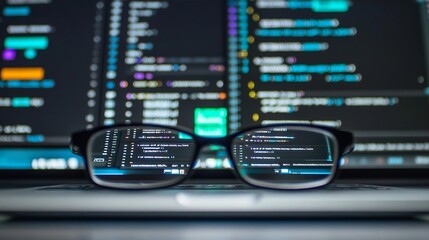 Glasses over laptop screen, coding