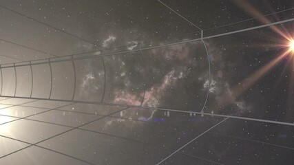 Wall Mural - bright light source and curved grid lines over starry galaxy animation background