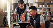 © Einero/peopleimages.com - Logistics, men and computer with tablet for discussion, checking stock and inventory research. Teamwork, people and supply chain manager with tech to monitor distribution, order or business in office