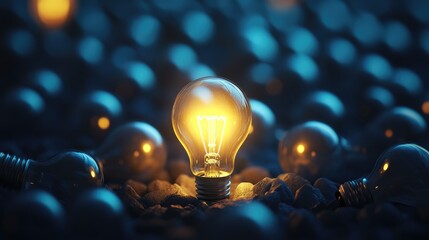 Poster - A 3D rendering of a glowing lightbulb standing out in the dark among shutdown bulbs, illustrating creative thinking, problem-solving, and innovation.