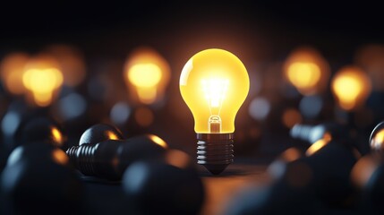 Poster - A 3D rendering of a glowing lightbulb standing out in the dark among shutdown bulbs, illustrating creative thinking, problem-solving, and innovation.