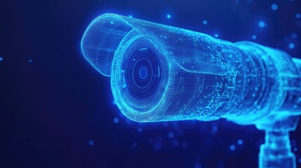 Poster - A futuristic digital wireframe model of a surveillance camera on a clean blue background, emphasizing precision and innovation in modern security technologies.