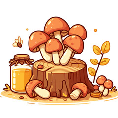 Wall Mural - Autumn mushroom composition with honey jar and tree stump in warm colors. Perfect for fall season themes and forest harvest designs.