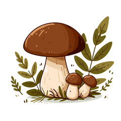 Wall Mural - Brown porcini mushroom with smaller mushrooms and ferns. Ideal for forest foraging guides and gourmet cooking illustrations.