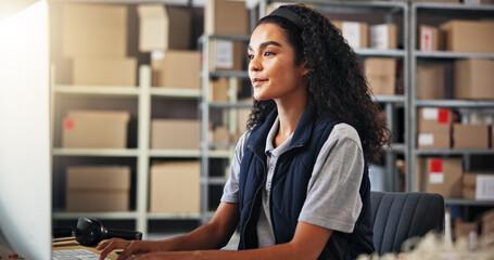 Aufkleber - Small business, logistics and woman with computer for inventory, checking stock or research online. Office, female person and supply chain manager with tech to monitor distribution, order or delivery