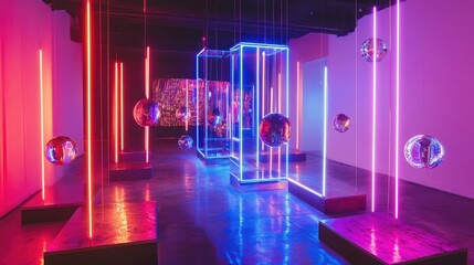 Poster - Avant-garde art gallery with neon pathways, sound art installations, and floating orbs, merging futuristic audio and visual art in an engaging, resonant space.