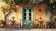 © Yuka - Charming outdoor café scene with wooden tables and turquoise door amidst greenery
