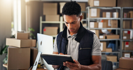Aufkleber - Logistics, distribution and man with tablet in warehouse for online order, stock inspection or supply chain. Ecommerce, worker or digital checklist for inventory update, delivery tracking or shipping