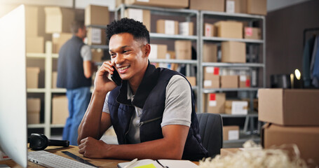 Aufkleber - Phone call, warehouse and man on computer for shipping, delivery and distribution business. Ecommerce, supply chain and person with boxes talking for logistics, manufacturing and courier services