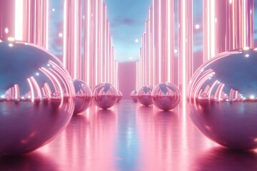 Aufkleber - Vibrant neon corridor with reflective spheres and glowing pillars creates a futuristic atmosphere
